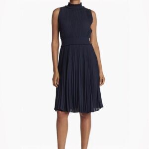 Nanette Lepore Navy Pleated Midi Dress Sz10 Fit & Flare Wedding Guest Cocktail